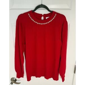Liz Claiborne XL Red Sweater Pearl Rhinestone Neckline Long Sleeve Holiday Top